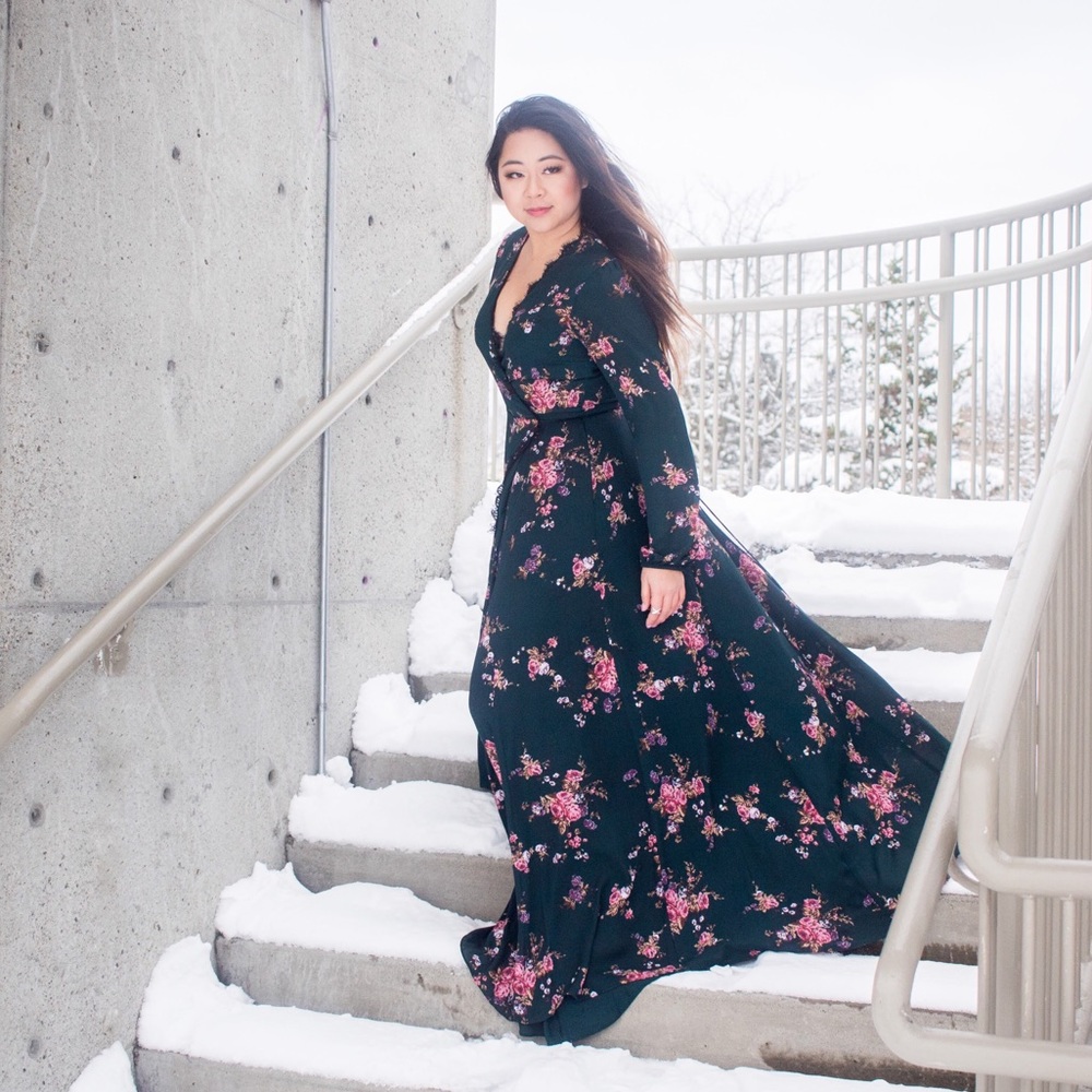 WAYF long sleeve floral print wrap gown